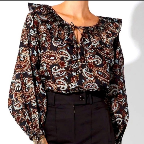 NWT Cleobella Boho Jillian Blouse Avalon Block Print Women Small Black/Brown M - Picture 1 of 5